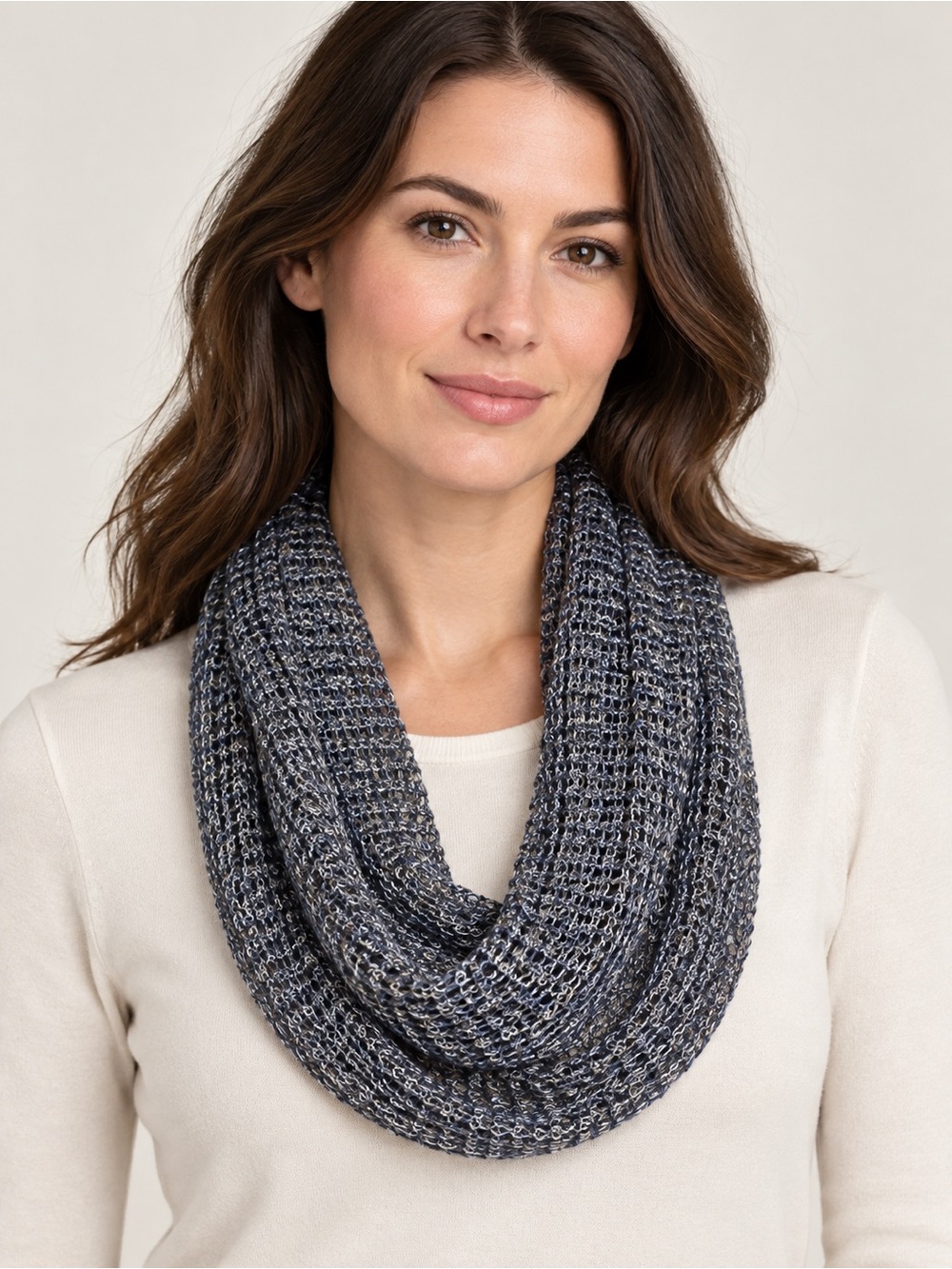 Eileen Fisher 100% Linen Infinity Scarf Blue Gray Open Knit Lightweight OS